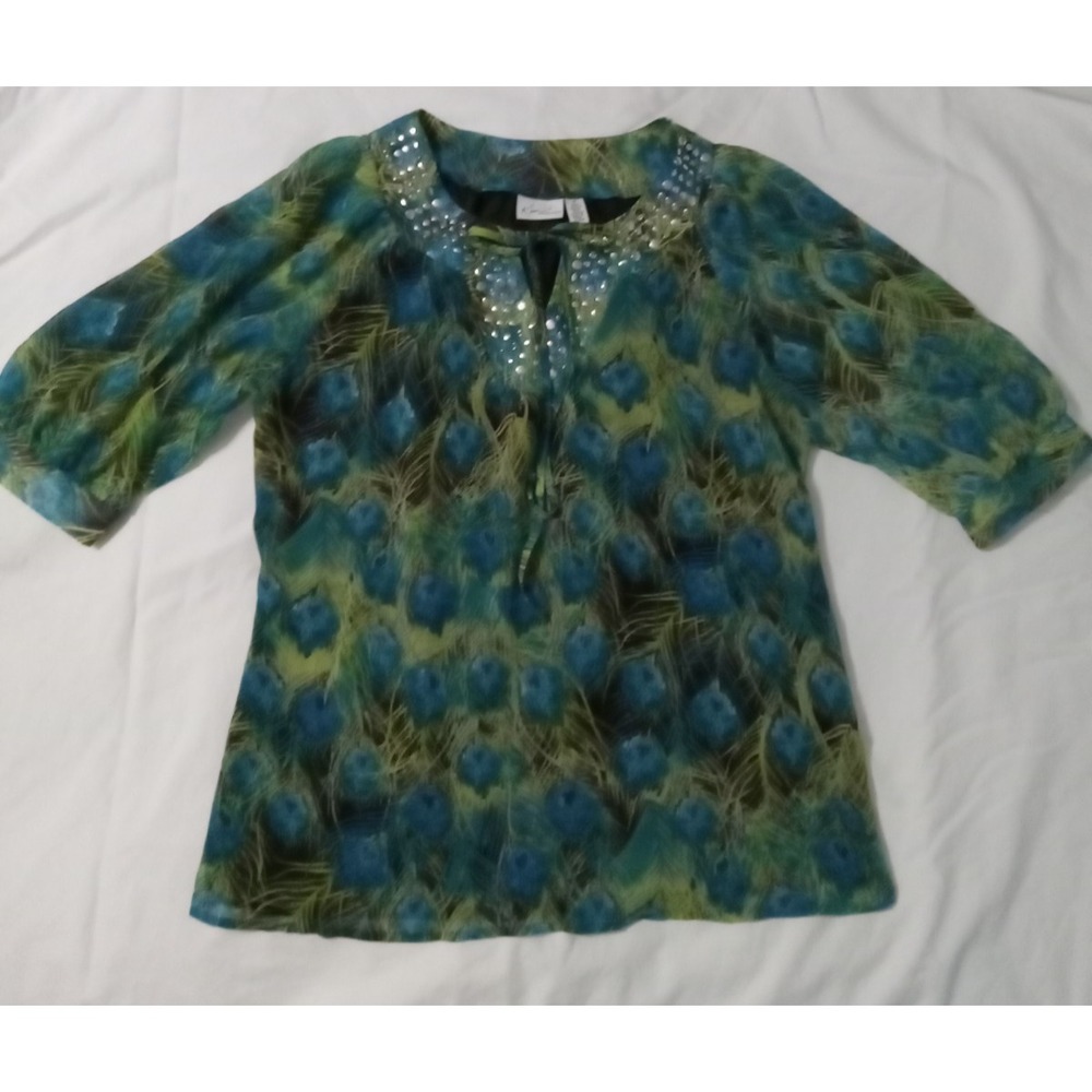 Kim Rogers Multicolor Peacock Feather Print Embellished Blouse – Size Medium